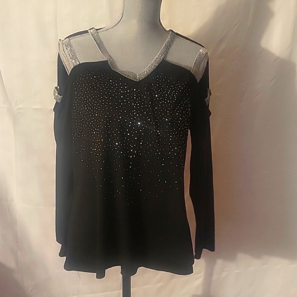 Sheilay Bedazzled Long Sleeve Black And Silver Top With Silver Cutout Sleeves, L